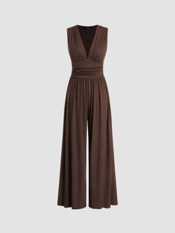 Cider - V-neck Ruched Solid Wide Leg Jumpsuit