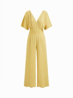 Cider - Linen-blend V-neck Solid Corset Middle Sleeve Pocket Jumpsuit