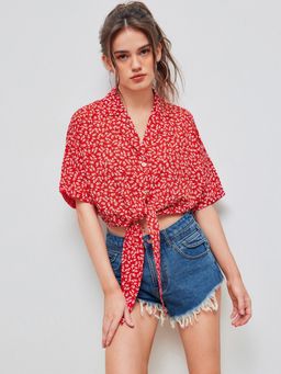Cider - Collar Ditsy Floral Knotted Short Sleeve Blouse
