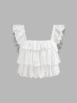 Cider - Woven Square Neck Tiered Lettuce Trim Shirred Crop Top