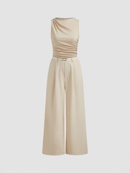 Cider - Woven Boat Neck Solid Ruched Jumpsuit With Belt