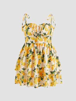 Cider - Woven Floral Ruffle Hem Knotted Layered Mini Dress Curve & Plus