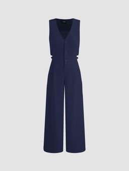 Cider - Woven V-neck Solid Pocket Cut Out Vest Jumpsuit