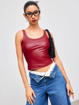 Cider - Faux Leather Scoop Neckline Solid Top
