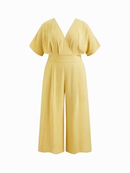 Cider - Linen-blend V-neck Solid Corset Pocket Jumpsuit Curve & Plus