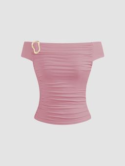 Cider - Off-shoulder Solid Ruched Buckle Short Sleeve Top