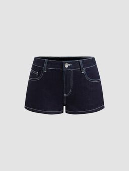 Cider - Stretch Denim Low Rise Solid Micro Straight Leg Shorts