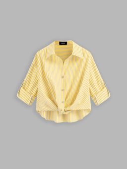 Cider - Cotton-blend Collar Striped Knotted Roll-up Long Sleeve Shirt