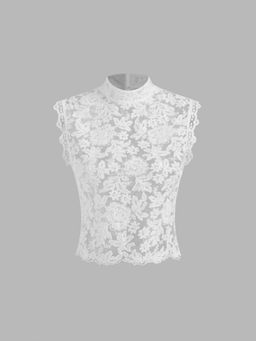 Cider - Lace Mandarin Collar Floral See-through Top