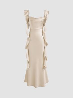 Cider - Satin Cowl Neck Solid Ruffle Hem Maxi Dress