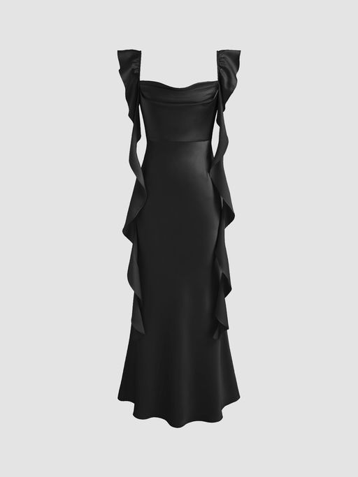 satin cowl neck solid ruffle hem maxi dress Satin Cowl Neck Solid Ruffle Hem Maxi Dress