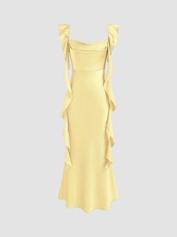 Cider - Satin Cowl Neck Solid Ruffle Hem Maxi Dress