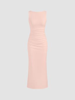 Cider - Boat Neck Solid Ruched Split Maxi Dress