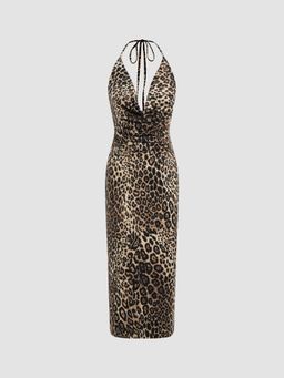 Cider - Cowl Neck Leopard Knotted Halter Backless Maxi Dress