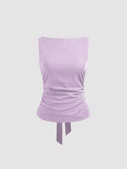 Cider - Linen-blend Boat Neckline Solid Bowknot Tank Top