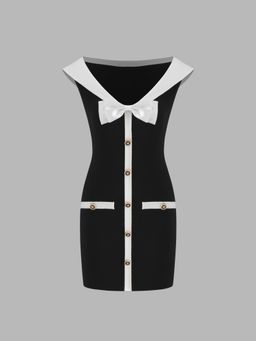 Cider - Knitted V-neck Solid Bowknot Contrasting Binding Mini Dress