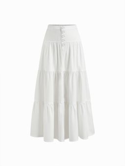 Cider - Denim High Rise Solid Tiered Button Pocket Maxi Skirt