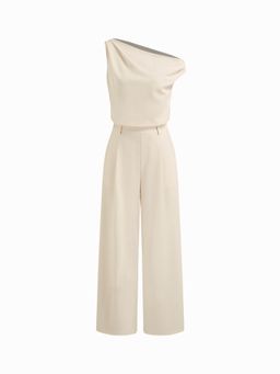 Cider - Asymmetrical Neck Solid Pocket Wide Leg Jumpsuit