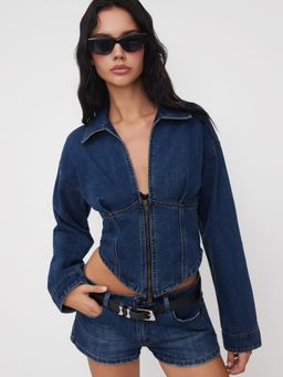 Cider - Denim Collar Solid Corset Zipper Jacket