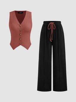 Cider - Cotton-blend V-neck Solid Button Vest & Mid Rise Knotted Pocket Straight Leg Trousers