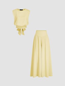 Cider - Satin Round Neckline Solid Knotted Top & Mid Rise Pocket Wide Leg Trousers