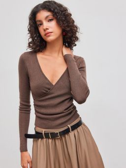 Cider - Wool-blend V-neck Solid Ruched Knitted Long Sleeve Top
