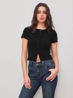 Cider - Round Neckline Solid Button Short Sleeve Top