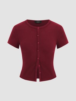 Cider - Round Neckline Solid Button Short Sleeve Top