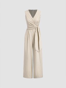 Cider - Cotton-blend V-neck Striped Knotted Wide Leg Jumpsuit
