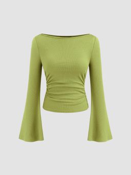 Cider - Boat Neck Solid Ruched Long Sleeve Tee