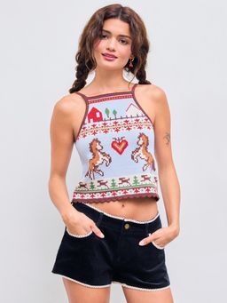Cider - Knit Square Neck Horse Graphic Crop Cami Top