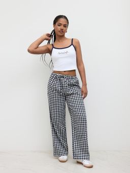 Cider - Cotton-blend U-neckline Bowknot Cami Top & High Rise Gingham Wide Leg Trousers