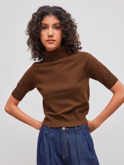 Cider - Wool-blend High Neck Solid Knitted Middle Sleeve Top