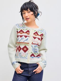 Cider - Cable Knit Round Neckline Geometric Cardigan