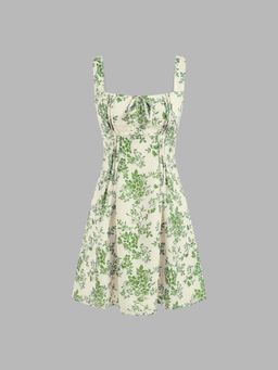 Cider - Square Neckline Floral Pleated Knotted Mini Dress