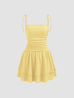 Cider - Square Neck Solid Ruched Knotted Layered Mini Dress