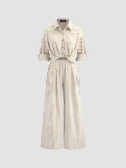 Cider - Cotton-blend Collar Solid Striped Knotted Roll-up Sleeve Jumpsuit