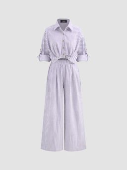 Cider - Cotton-blend Collar Solid Striped Knotted Roll-up Sleeve Jumpsuit