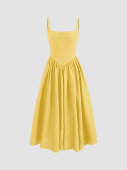 Cider - Cotton Linen Scoop Neckline Broderie Anglaise Ruffle Maxi Dress