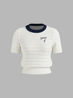 Cider - Knit Eyelet Contrasting Binding Bowknot Short Sleeve Top