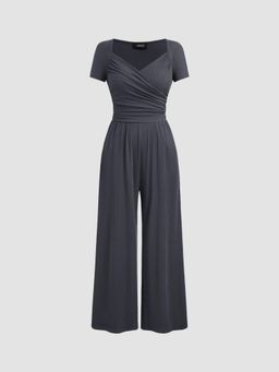 Cider - V-neck Solid Ruched Straight Leg Jumpsuit