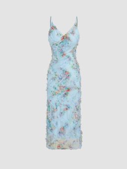 Cider - Mesh V-neck Floral Lettuce Trim Midi Dress