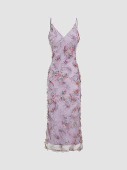 Cider - Mesh V-neck Floral Lettuce Trim Midi Dress