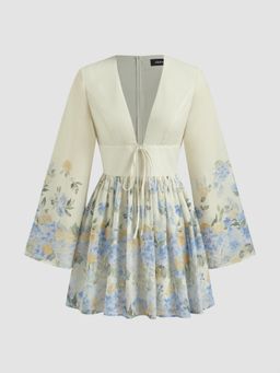 Cider - V-neck Floral Knotted Ruffle Mini Dress