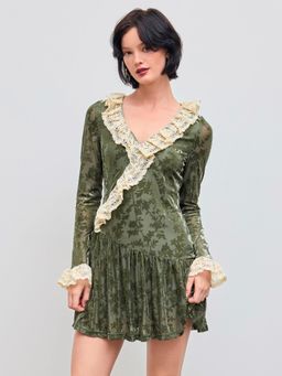 Cider - Velvet V-neck Floral Lace Trim Mini Dress