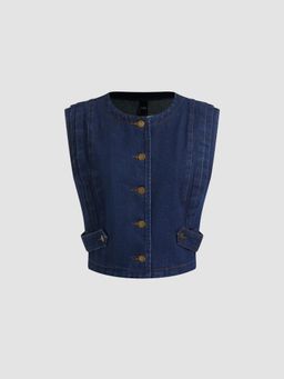 Cider - Denim Round Neckline Button Oversized Tank Top