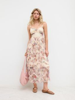 Cider - Mesh Square Neck Floral Lettuce Trim Ruffle Maxi Dress