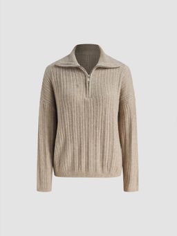 Cider - Knit Wool-blend Polo Solid Zipper Long Sleeve Top