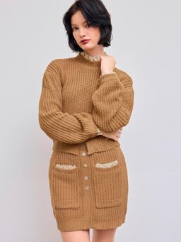 Cider - Knit High Neck Lace Trim Long Sleeve Top