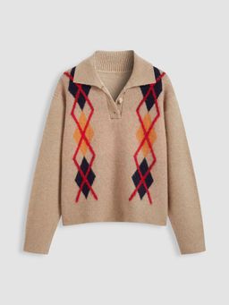 Cider - Knit Polo Collar Argyle Pattern Oversized Sweater